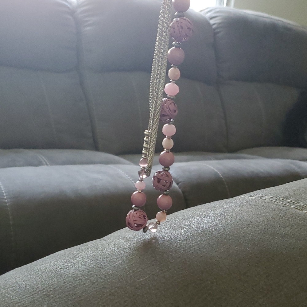 Pink Beaded Layered Necklace Silver Tone Multi Strand Statement Necklace - Picture 5 of 8